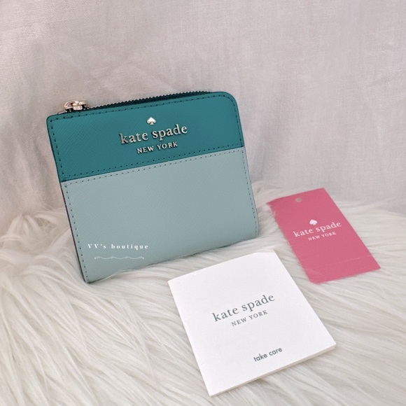 NWT Kate Spade Staci Colorblock Small L-zip Bifold Wallet Teal Green WLR00121 - Picture 3 of 8